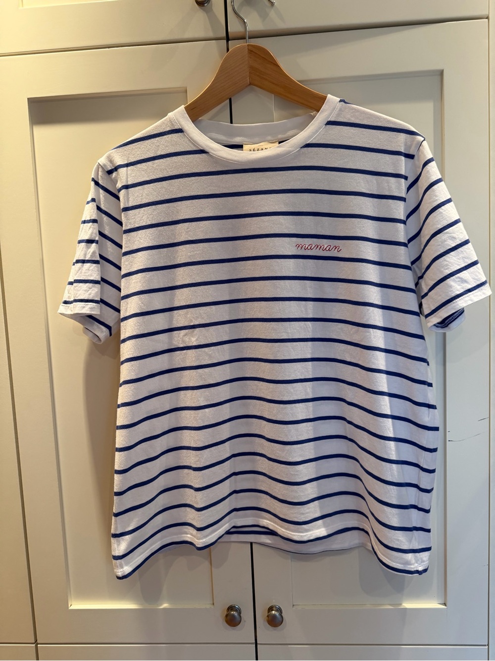 Sezane White and Blue Striped 'Maman' Short Sleeve Tee